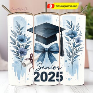 Graduation Senior Tumbler Wrap PNG, Class of 2025 20 Oz Skinny Tumbler Sublimation PNG, Blue School Colors Grad Floral Tumbler PNG Download