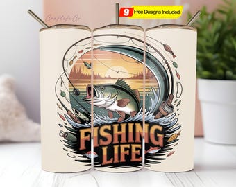 Fiskare Tumbler Wrap PNG, Fiskeliv Sublimering PNG Digital Nedladdning, 20oz & 30oz Slim Rak Tumbler Wrap Sömlös Design