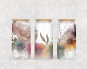 Alcohol Ink Floral Wrap PNG, 16oz Libbey Glass Can Tumbler Sublimation Design, Watercolor Flower Wrap, Flower Glass Can Design, Wild Flower