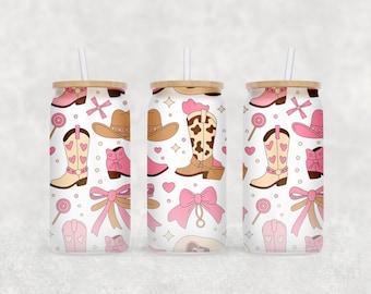 Coquette Glass Can Wrap, Cowgirl Coquette PNG, Can Glass Wrap Design, 16oz Glass Can Wrap, Glass Can Sublimation Wrap, Coffee Beer Can Glass