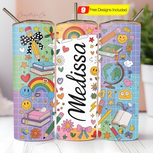 Teacher Tumbler Wrap Design Coquette School Add Your Own Name/Text Seamless Sublimation 20 oz Skinny Tumbler PNG Digital Download