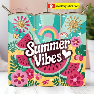 May include: A set of three stainless steel tumblers with lids and straws. Each tumbler features a colorful design with the words "Summer Vibes", watermelon slices, flowers, butterflies, and a rainbow. The design includes gold glitter accents.