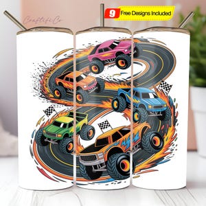 Monster Trucks Tumbler Wrap PNG, Kids Racing 20 Oz Skinny Sublimation Tumbler, Children&#39;s Toddlers Cup Wrap Digital Design Png
