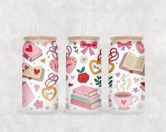 Coquette Bookish Girly Glass Can Wrap PNG, Girly Cup Wrap Design, Book Lover Wrap, Bookish Glass Wrap, Books Wrap, Coquette Book png
