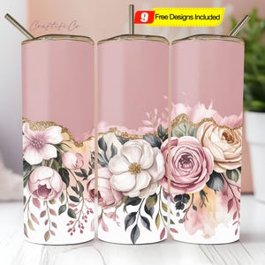 Vintage Flower 20oz Sublimation Tumbler Designs, Agate Glitter Pink 9.2 x 8.3” Straight Skinny Tumbler Wrap PNG