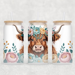 Highland Cow Libbey Glass Wrap, Floral 16 Oz Glass Can Wrap, Flowers Glass Tumbler Wrap, Glass Can Sublimation Wrap PNG Design Download