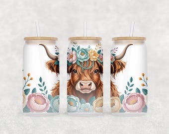 Highland Cow Libbey Glass Wrap, Floral 16 Oz Glass Can Wrap, Flowers Glass Tumbler Wrap, Glass Can Sublimation Wrap PNG Design Download