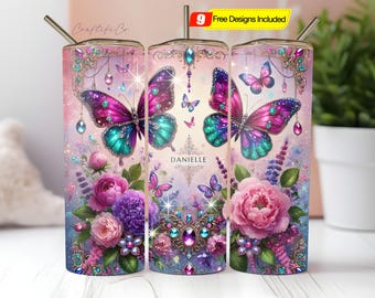 Tumbler con farfalla gioiello: design floreale a sublimazione, bicchiere sottile da 20 once, PNG