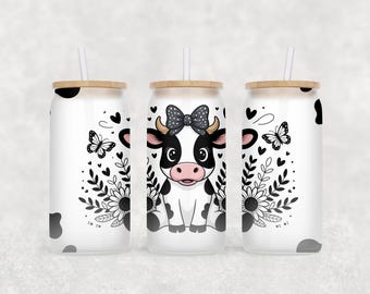 Cow Pattern 16 oz Libbey Glass Wrap PNG, Libbey Glass Design Png, 16 Oz Glass Can Wrap, Cow Glass Can Sublimation, Digital Download Png