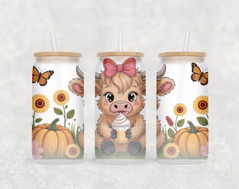 Baby Highland Cow Libbey Glass Wrap, Sunflowers Fall Tumbler Sublimation Design PNG, Floral 16 Oz Glass Can Wrap, Digital Download