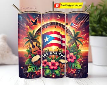 Puerto Rico Flag Tumbler Wrap PNG, Boricua 20oz Skinny Sublimation Design for Caribbean Pride Gift, Instant Digital Download