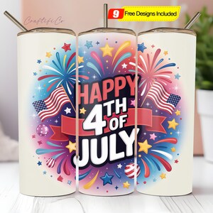 Happy 4th Of July 20 oz Skinny Tumbler Sublimation Design, Red White Blue Fireworks Sublimation Design, 4th Of July PNG, Digital Download