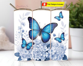 3D Blue Flower Butterfly 20oz Tumbler Wrap PNG, Butterfly Sublimation Design png, Seamless Butterfly Tumbler Png,Straight Tumbler Wrap png,