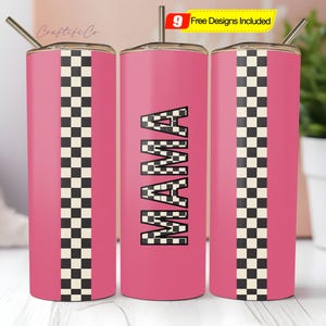 Tumbler con stampa a sublimazione Neon Pink Retro Mama da 20 oz PNG, Tumbler dritto e sottile Checker Racing da 9,2 x 8,3&quot; PNG, design a sublimazione
