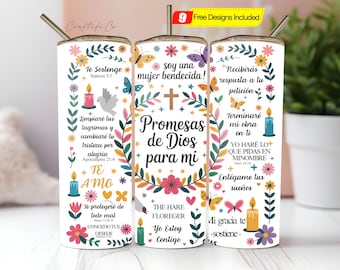 May include: A white tumbler with a straw, adorned with floral and butterfly designs, and Spanish text. The tumbler features religious phrases and a cross, with a yellow banner indicating free designs.