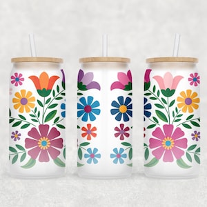 Mexican Flowers Libbey Glass Wrap PNG, Embroidery Flowers 16 Oz Glass Can Wrap, Glass Tumbler Wrap, Glass Can Sublimation Wrap Design