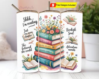 Book Lover Tumbler, 20oz Skinny Seamless Tumbler Wrap PNG, Sublimation Tumbler Template, Librarian 20 oz Tumbler Design, Digital