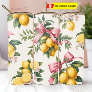 Lemon Bows 20oz Tumbler Wrap Floral Sublimation Design Coquette Tumbler Wrap Design for 20oz Skinny Rococo Tumbler PNG Wrap Download