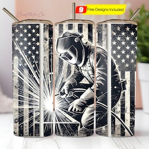 a picture of a man welding on a american flag