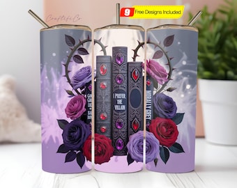 Seamless Romantasy I Prefer The Villain Book Lover Design, Book 20oz Skinny Straight Tumbler Sublimation Design, PNG Digital Download