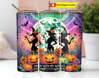 Sippin' With My Witches 20 oz Skinny Tumbler Halloween Witch Sublimation Design Digital Download PNG Instant, Spooky Season Tumbler Wrap