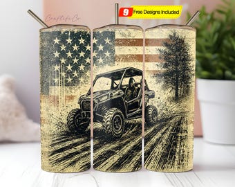May include: Three stainless steel tumblers with a distressed American flag design and a black and white illustration of an off-road vehicle driving through a dirt path. The tumblers are 20 oz.