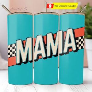 Tumbler Mama blu verde acqua neon da 20 oz con stampa a sublimazione, Tumbler Mama retrò a scacchi dritto e sottile in formato PNG, design a sublimazione in formato PNG