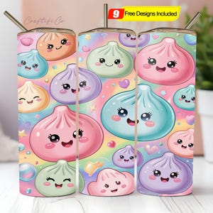 May include: A set of three stainless steel tumblers with a colorful dumpling pattern. The design features smiling dumplings in various pastel colors against a rainbow background. Each tumbler has a silver straw and a lid. The text "9 Free Designs Included" is visible.