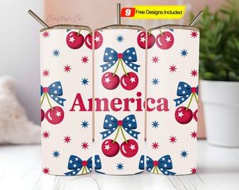 Envoltura para vaso de cerezas americanas Coquette PNG, diseño de sublimación para vaso de 20 oz con bandera de EE. UU. con lazo de cereza, moderno y bonito para el 4 de julio, descarga digital