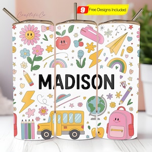 Teacher Tumbler Wrap Design Retro Groovy School Add Your Own Name/Text Seamless Sublimation 20 oz Skinny Tumbler PNG Digital Download