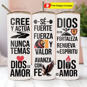 Spanish Bible Motivational Quotes 20oz Skinny Tumbler Sublimation Designs, Tumbler Wrap PNG, Do it Yourself, Christian Gift for Him