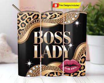Boss Lady Tumbler Wrap, Mob Wife Leopard Print 20oz Skinny Tumbler, Sublimation Design PNG, Lady Boos Glitter Glam, Girl Boss Babe Design