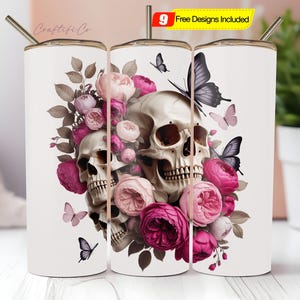 Seamless Gothic Skull & Rose Tumbler Wrap 20 oz Sublimation Tumbler Design ,9.2x8.3&quot; Straight Skinny Tumbler Wrap, Sublimation PNG