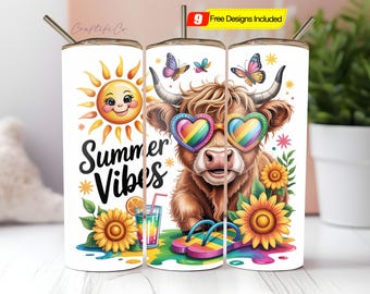 Summer Highland Cow Tumbler Wrap PNG, 20oz Skinny Sublimation Tumbler Design, Summer Vibes Tumbler Wrap, Tropical Cow Tumbler Png