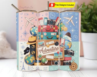 2 Travel Tumbler Wrap PNG, Seamless 20oz Skinny Tumbler Sublimation, Vacation Tumbler, Holiday Tumbler, Adventure Tumbler, Instant Download
