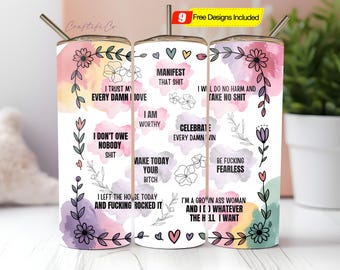 Affirmations 20oz Skinny Tumbler Sublimation Design PNG, Sweary Affirmations Tumbler Wrap Mental Health Positive Quotes, Gift for Her