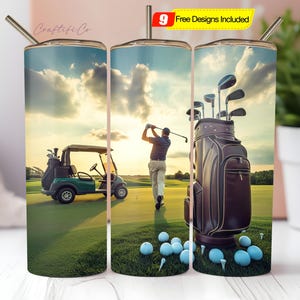 Seamless Textured Canvas Golfer & Landscape Design PNG, Golf 20oz Skinny Straight Tumbler Sublimation Design, Tumbler Wrap, Digital Download