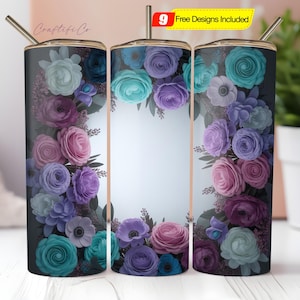 Teal and Purple Flowers 20oz Tumbler Wrap, PNG Tumbler Design Sublimation, Digital Design Download PNG