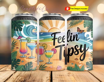 Feelin Tipsy 4 in 1 Can Cooler Wrap PNG Design, Drinking 4in1 Can Cooler Sublimation Tumbler PNG, Beach Can Cooler png Digital Download