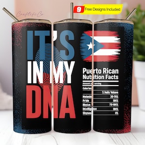 Puede incluir: Vaso negro con el texto "IT'S IN MY DNA" en azul y rojo, con un diseño de huella dactilar. El vaso también presenta la bandera puertorriqueña y "Puerto Rican Nutrition Facts". Incluye una pajita.