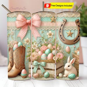 May include: A tumbler with a pastel Easter theme. The design includes a cowboy boot, a horseshoe, a bunny, and Easter eggs. The tumbler has a pink bow and the text "Craftiful Co."