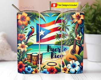 Puerto Rico Tropical Beach Stainless Steel Tumbler: 20oz Insulated Water Bottle PNG DIgital Design