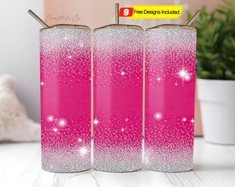 Pink Glitter Tumbler Wrap 20 oz Skinny Tumbler Sublimation Design PNG, Straight Tumbler Wrap Instant Digital Download ONLY Hot Pink Glitter