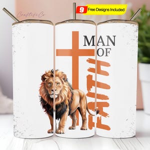 Mann des Glaubens 20 0z Skinny Tumbler Wrap PNG, Christian Man Geschenk, digitaler Download Sublimation, nahtloses Design, Pastor Geschenk, Löwe und Kreuz