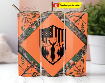 Deer Hunting Flag 20oz Sublimation Tumbler Designs, Camo Orange 9.2 x 8.3” Straight Skinny Tumbler Wrap, Mens Tumbler