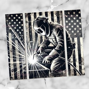 a man welding in front of an american flag