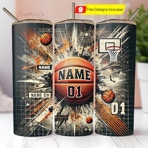 May include: Basketball-themed tumbler with a distressed design. Features a basketball graphic with the name and number 01. Includes a basketball hoop and the text "9 Free Designs Included".