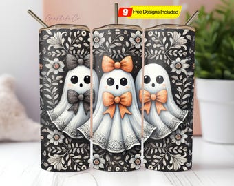 Ghost Halloween Tumbler Wrap PNG, 20oz Skinny Tumbler Sublimation, Ghost Tumbler PNG, Spooky Season Tumbler, Pastel Halloween