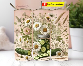Pickle Lover Floral Tumbler - Funny Pickle-Themed Drink Cup, Hot & Cold, PNG