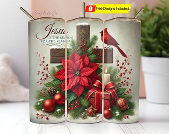 May include: A stainless steel tumbler with a Christmas design. The design includes a cross, poinsettias, a red cardinal, and the text "Jesus is the reason for the season". Includes a straw and lid.